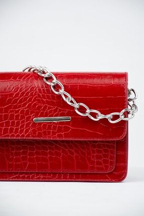 Kırmızı Kadın Timsah Desenli Clutch Baget Zincir Askılı Çanta 152BRSHK