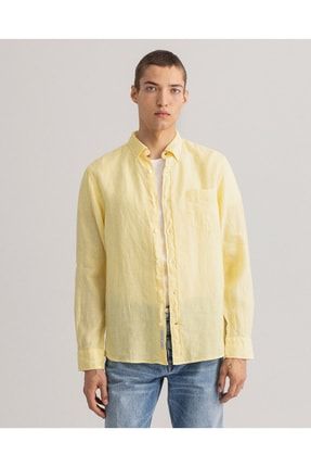 Erkek Sarı Regular Fit Keten Gömlek 3009560