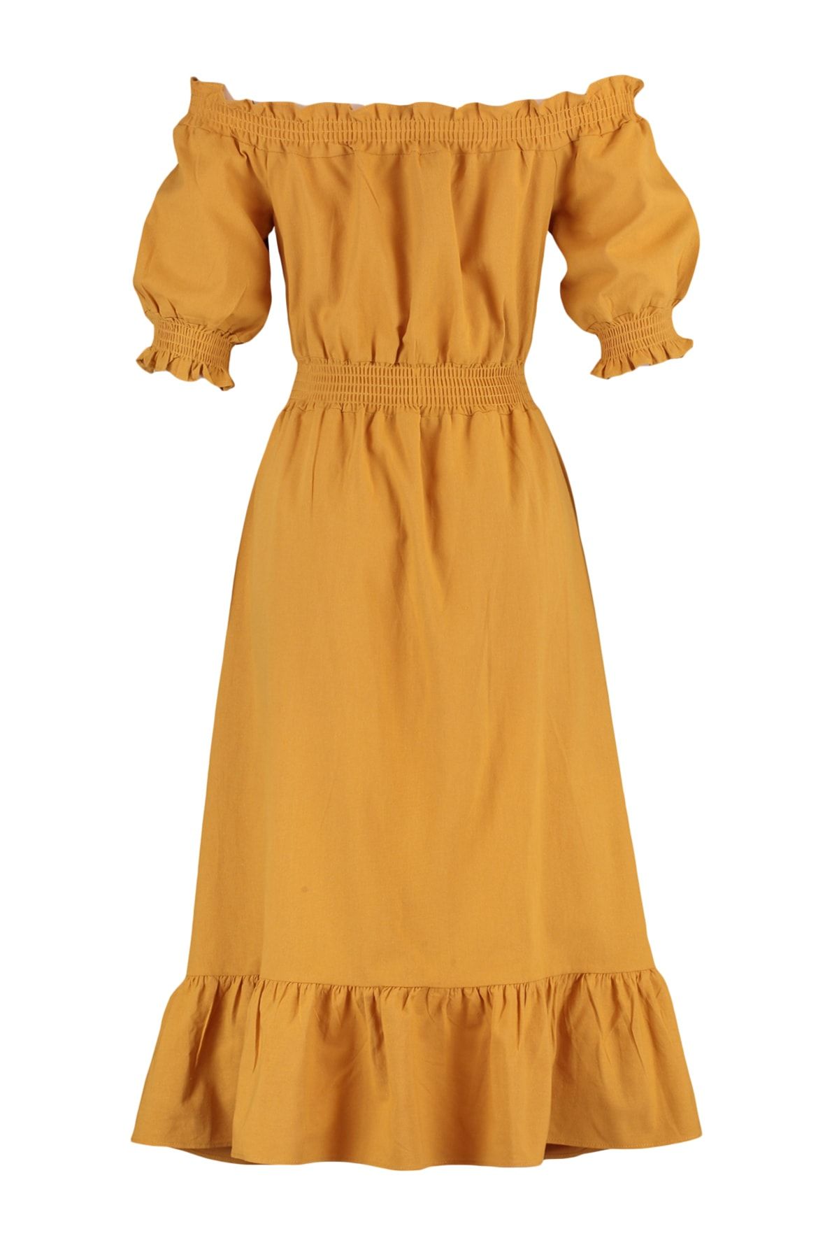 Trendyol Collection-Camel Skater Waist Opened Gimp Midi Woven Linen Dress 8