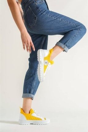 Kadın Sarı Keten Bağcıklı Sneaker Spor Ayakkabı k48