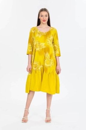 Sarı Italyan Çiçek Bloklu Robalı Cepli Salaş Elbise BHMSTLITL22EL1017