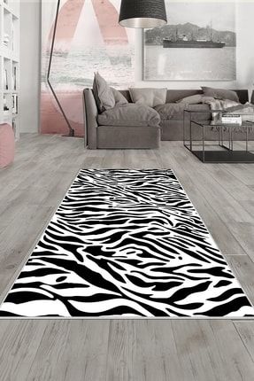 Beyaz Zebra Desenli Yıkanabilir Kaymaz Taban Leke Tutmaz Modern Salon Halısı Ve Yolluk AYHMOD7