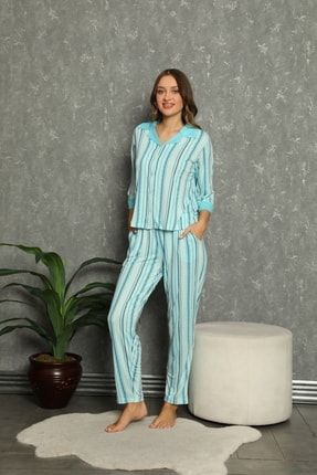Kadın Çizgili Puantiyeli Büğmeli Yarım Kol Pijama Takımı TYC00431678717