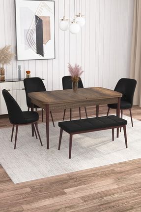 Leona Barok Desen 80x132 Mdf Açılabilir Mutfak Masası Takımı 4 Sandalye, 1 Bench AZRA-011128