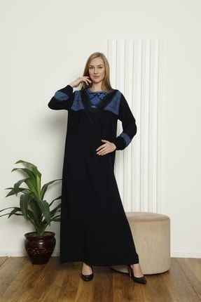 Lacivert Dantelli Taşlı Yakası Nakışlı Mavi Garnili Yazlık Elbise TYC00431720400