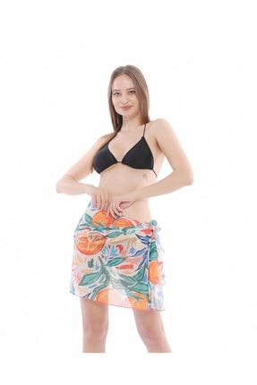 Kadın Bağlamalı Etek Pareo Plaj Elbisesi Portakal Desenli 2116