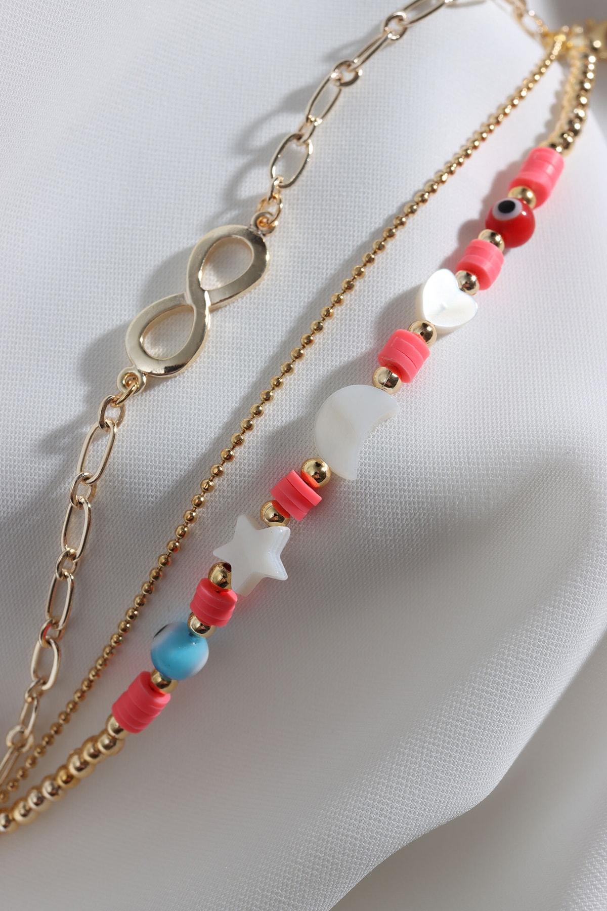 3-Piece Pink Fimo Bead Infinity Charm Gold Bracelet