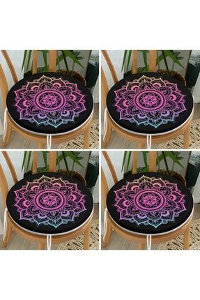 4'lü Neon Mandala Tasarım Dijital Baskılı Modern Yuvarlak Fermuarlı Sandalye Minderi Seti FrmYuv4lu-Set41