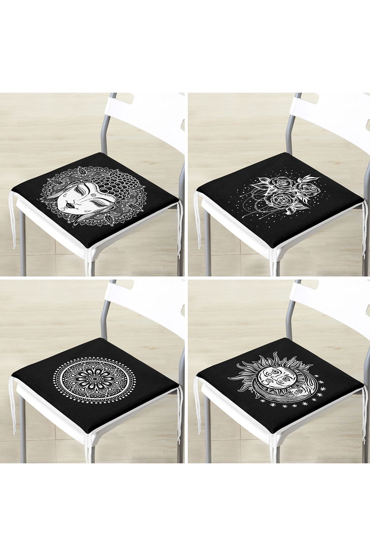 Realhomes-4-Piece Black and White Medusa Design Zippered Chair Cushion Set 3