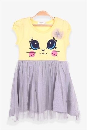 Kız Çocuk Elbise Kedi Baskılı Sarı Pamuk Soft (4-9 Yaş) BR180426