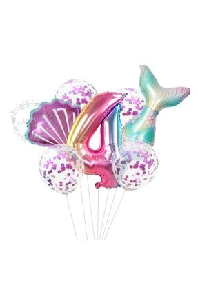 Deniz Kızı Balon 7li Set ( Denizkızı Deniz Kabuğu Rakam Balon Ve Pullu Şeffaf Balon Buketi ) TYDNZK0001