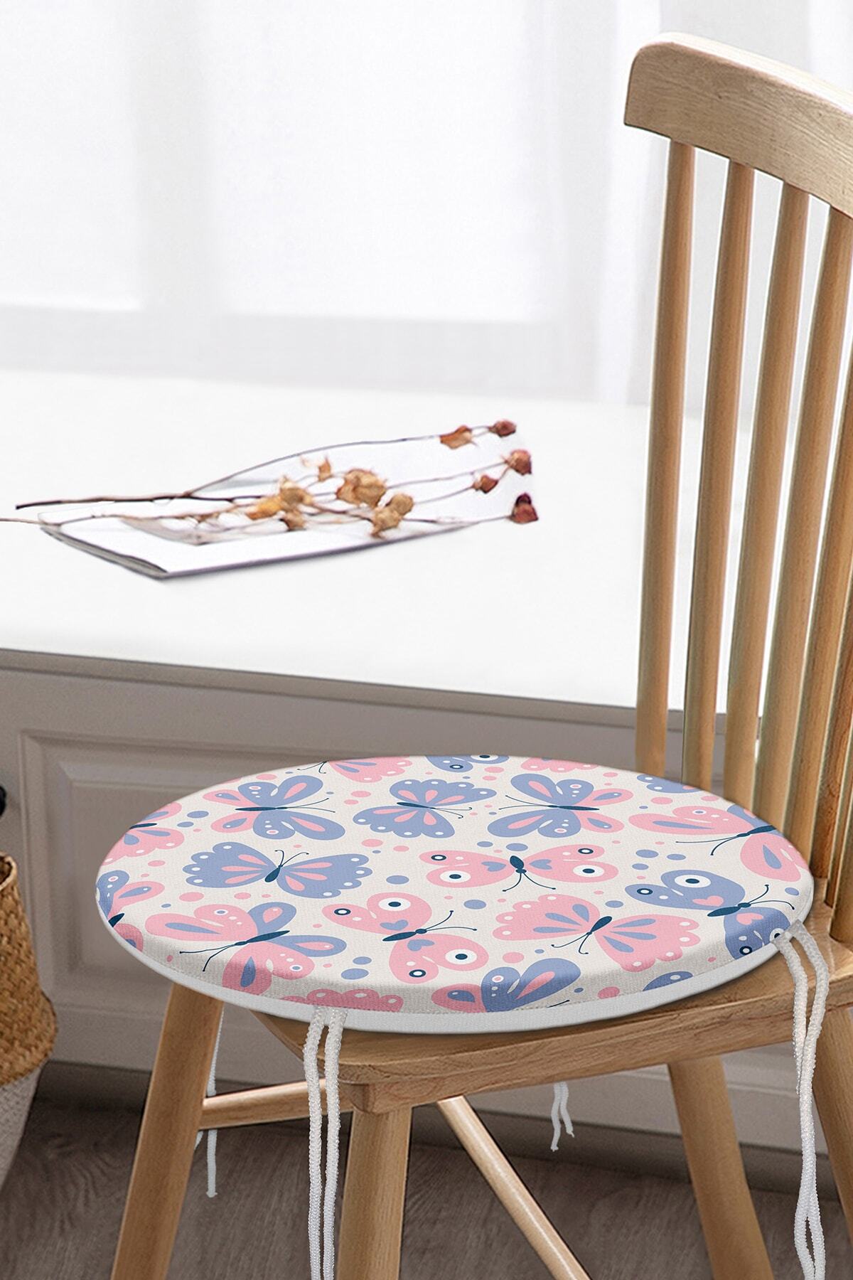 Realhomes-Colorful Butterfly Motif Digital Printed Modern Round Zippered Chair Cushion 3