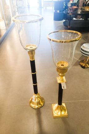 2 'li Dekoratif Şamdan Gold Siyah Cam Uzun Mumluk EVD.0000294