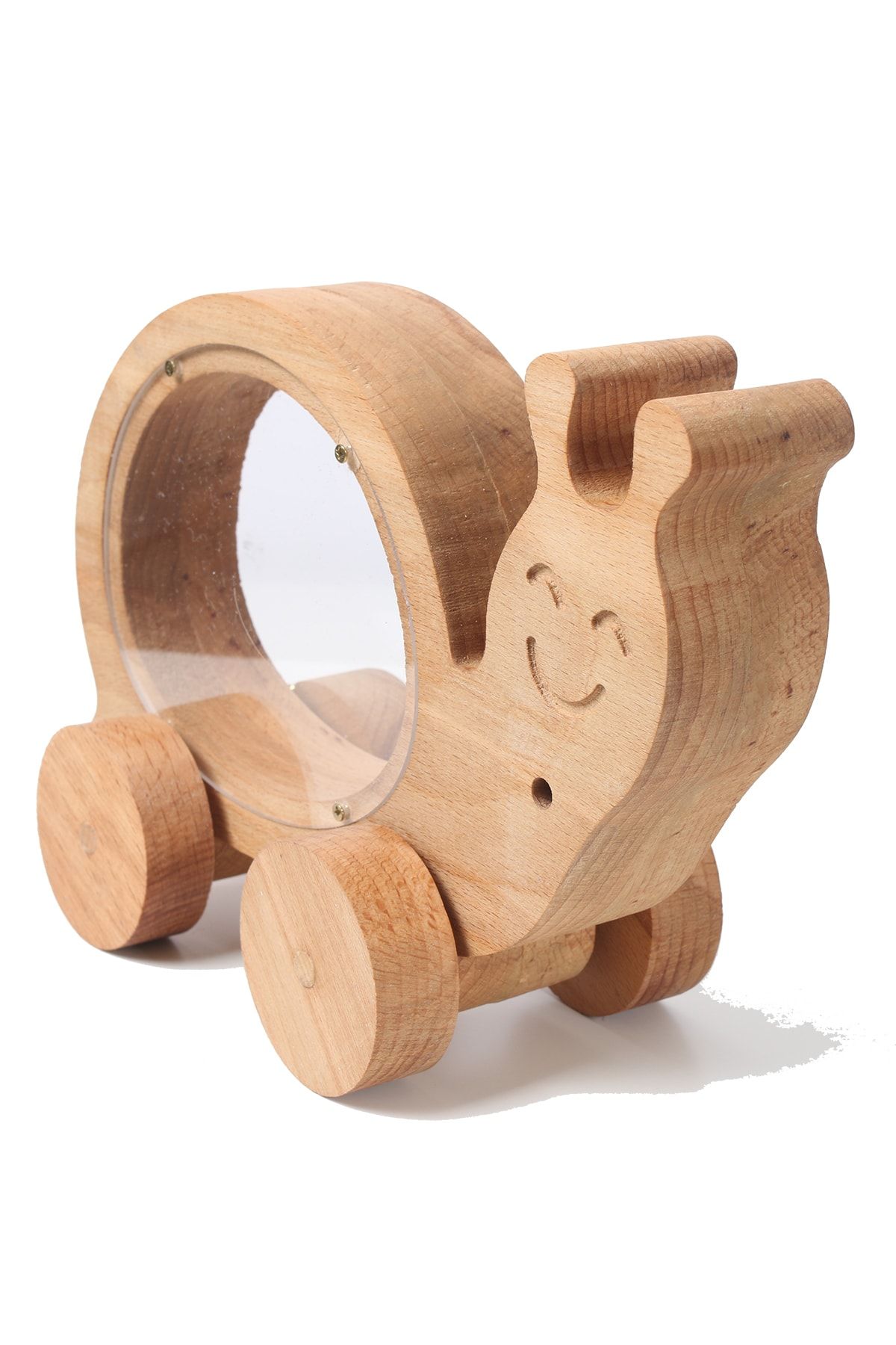 Melekpare Natural Wooden Piggy Bank with Snail Figure and Rotating Wheels Decorative Paintable Toy
