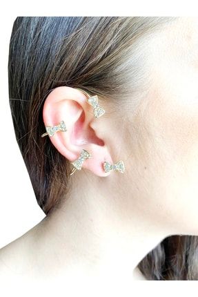 Kadın Altın Kaplama Zirkon Taşlı Fiyonk Motifli Sağ Kulak Aksesuarı Küpe gcklbk01