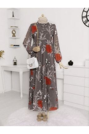 Yakası Bağcıklı Parçalı Kumaş Şifon Uzun Elbise TY138-2135