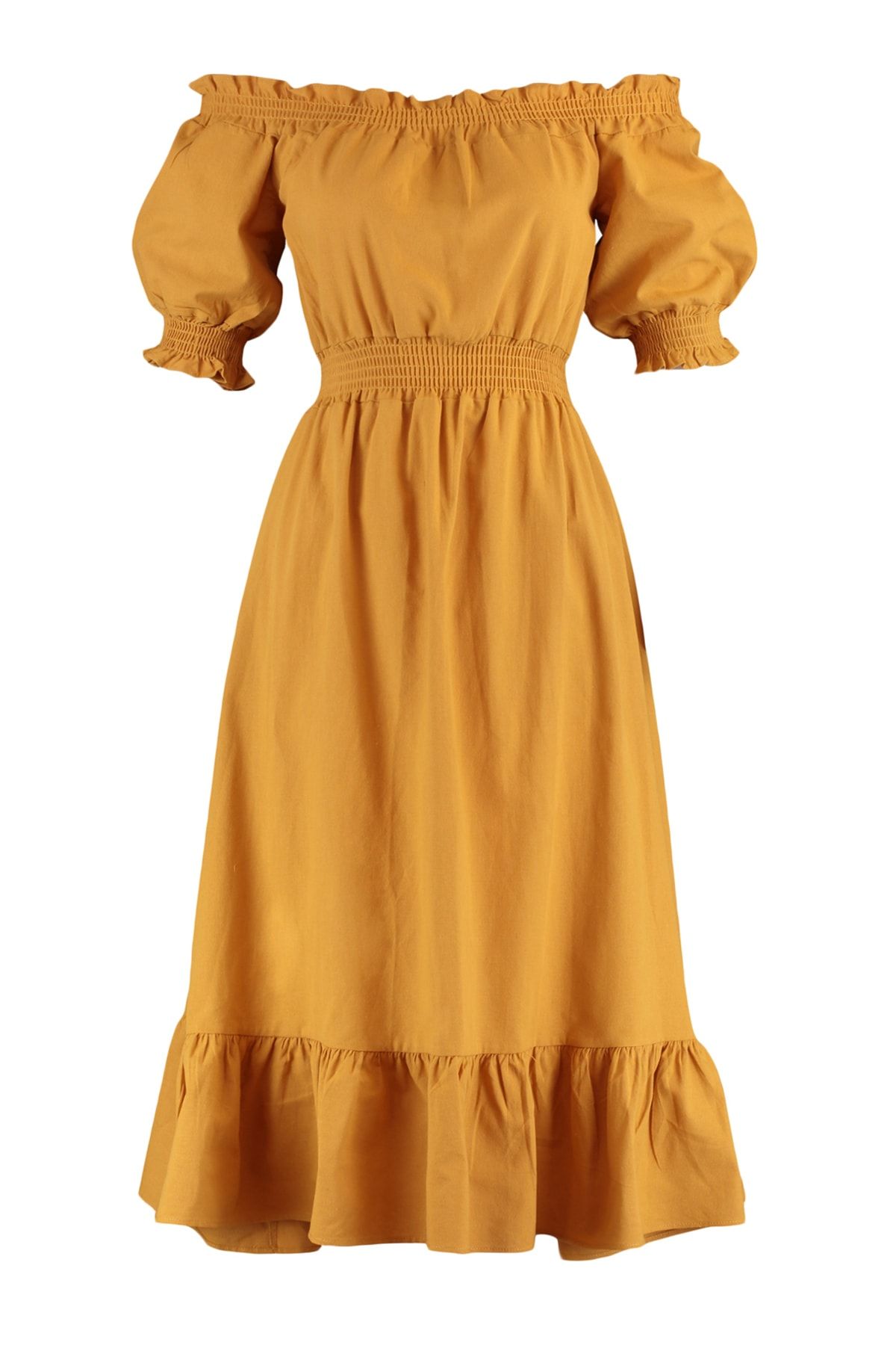 Trendyol Collection-Camel Skater Waist Opened Gimp Midi Woven Linen Dress 6