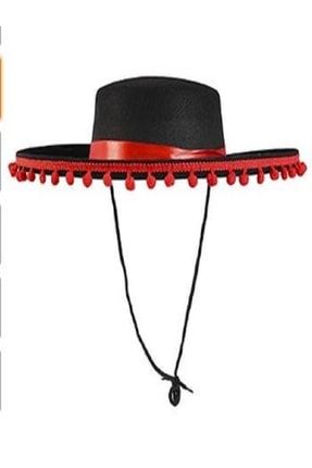 Kırmızı Ponponlu Siyah Renk Çocuk Ispanyol Şapkası mobgiftispanyol