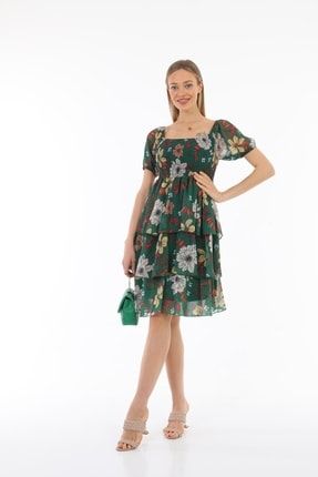 Yeşil Kadın Kısa Katkat Desenli Şifon Elbise 22S0089