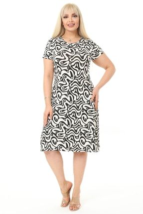 Kadın Siyah Beyaz Asimetrik Dalga Desen Büyük Beden Midi Elbise 2210160