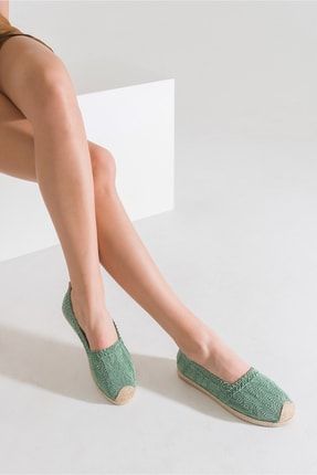 Kadın Hülya Yeşil Geniş Kalıp Espadril Örgü Detaylı Ayakkabı GMOA-00001