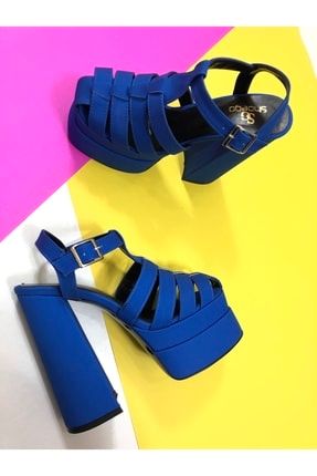 Bonno Mavi Mat Saten Bilek Bağlı Kadın Platformlu Topuklu Ayakkabı