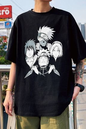 Siyah Renk Naruto Kakashi Sasuke Baskılı Geniş Kesim Unisex Anime T-shirt FRK06NRKKSSK