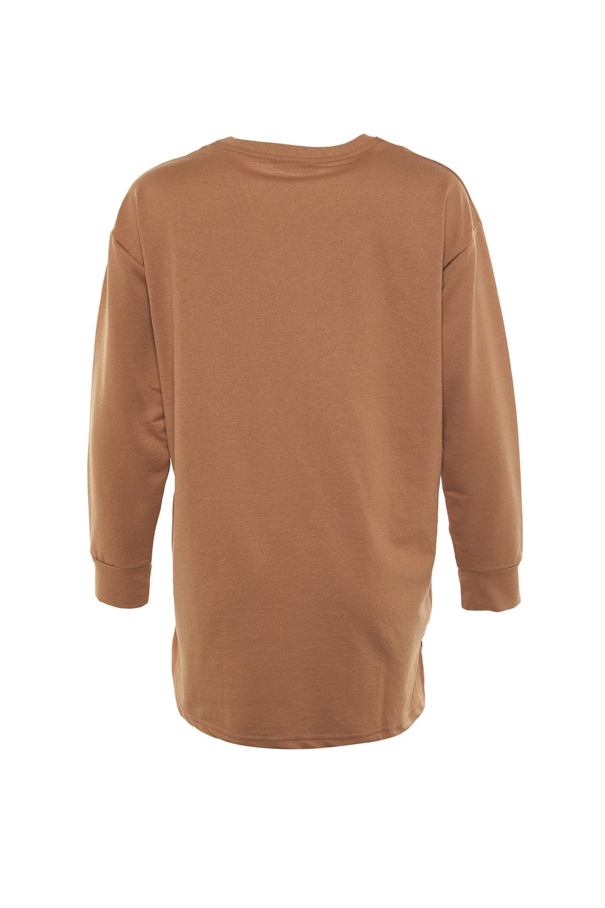 Trendyol Modest-Tunika z dzianiny z wycięciem pod szyją i okrągłym dekoltem taupe. TCTAW22UK0048 8
