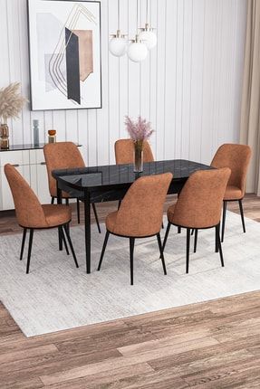 Leona Siyah Mermer Desen 80x132 Mdf Açılabilir Mutfak Masası Takımı 6 Adet Sandalye AZRASYH-06