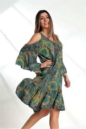 Kadın Haki Omuzu Pencereli Güneş Desen Kolları Volanlı Oversize Elbise EKWGOA6011G