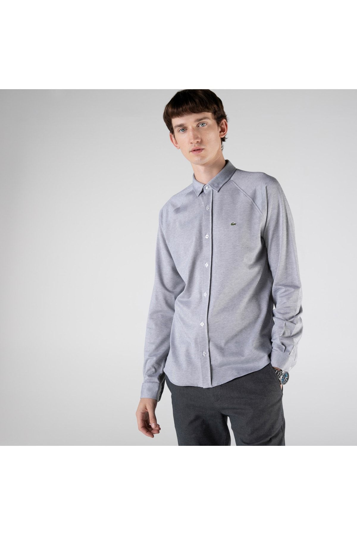 Lacoste Erkek Slim Fit Çizgili Gri Gömlek