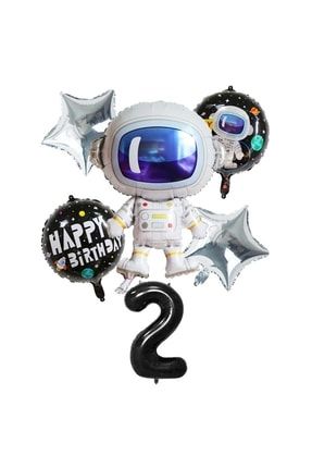 6'lı Uzay Temalı Astronot Folyo Balon Seti 2 Yaş Siyah Rakamlı Balon Seti Uzay Yıldız Temalı TYC00434776970