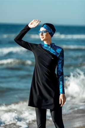Siyah Tam Kapalı 4'lü Tesettür Mayo 2022 Yeni Sezon Normal Ve Büyük Beden Islamic Hijab Swimsuit Tesmay2101