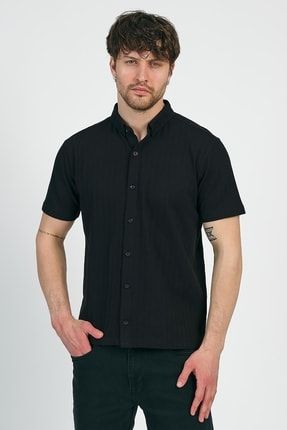 Erkek Kısa Kol Gömlek Tişört Siyah 971LROM