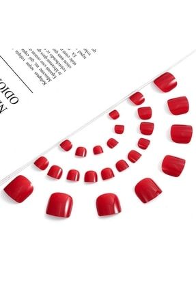 24'lü Kırmızı Klasik Ayak Takma Tırnak Lüks Parlak Doğal Pedikür Natürel Nail Art Yapıştırıcı Kit E1103