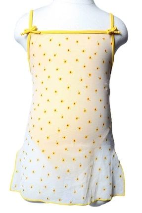Ayl Kız Çocuk Sarı Çiçek Desenli Üzeri Sabit Tül Elbiseli Straplez Model Empirme Mayo 165-94 ÇME165-94