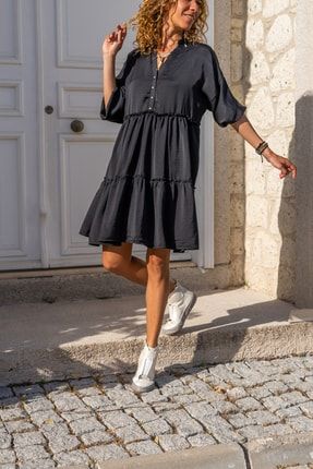 Kadın Siyah Eteği Piliseli Yarım Patlı Saten Elbise Bst3213 BST3213