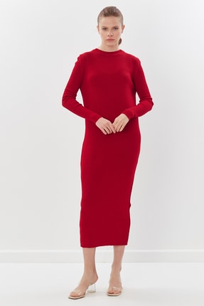 Fitilli Uzun Triko Elbise Kırmızı BLT8049-16