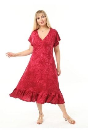 Kadın Büyük Beden Kırmızı Batik Kruvaze Yaka Eteği Fırfırlı Esnek Viskon Elbise VXL-0642