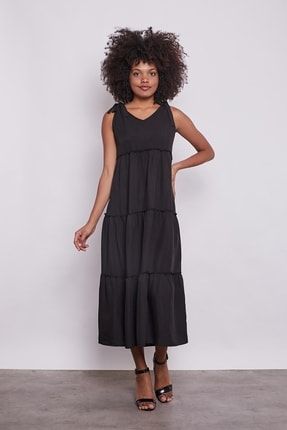 Iç Göstermez Viskon Poplin V Yaka Omuzları Bağcıklı Katkat Fırfırlı Uzun Elbise -siyah 50117