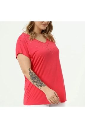 Pembe Renkli Taş Işlemeli Büyük Beden T-shirt - Gardrobun SJ00869