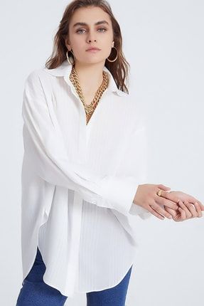 Oversize Uzun Manşetli Kol Yırtmaçlı Geniş ve Rahat Kesim Klasik Tunik Gömlek ADRP-0089-1