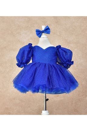 Saks Mavisi Parıltılı Kalp Detaylı Balon Kol Elbise PRKE9186251