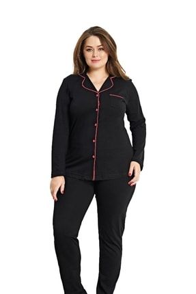 Büyük Beden Siyah Boydan Düğmeli Gömlek Uzun Kol Pijama Takımı Pamuk 79-42