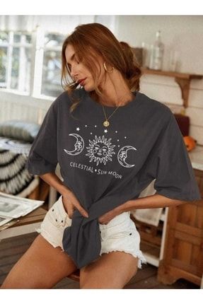 Sun Moon Baskılı Oversize Kadın T-shirt TYC00435972887