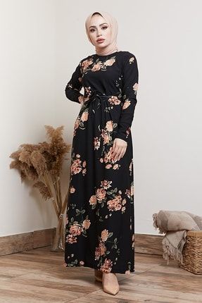 Kadın Siyah Çiçek Desenli Elbise SAR-3016