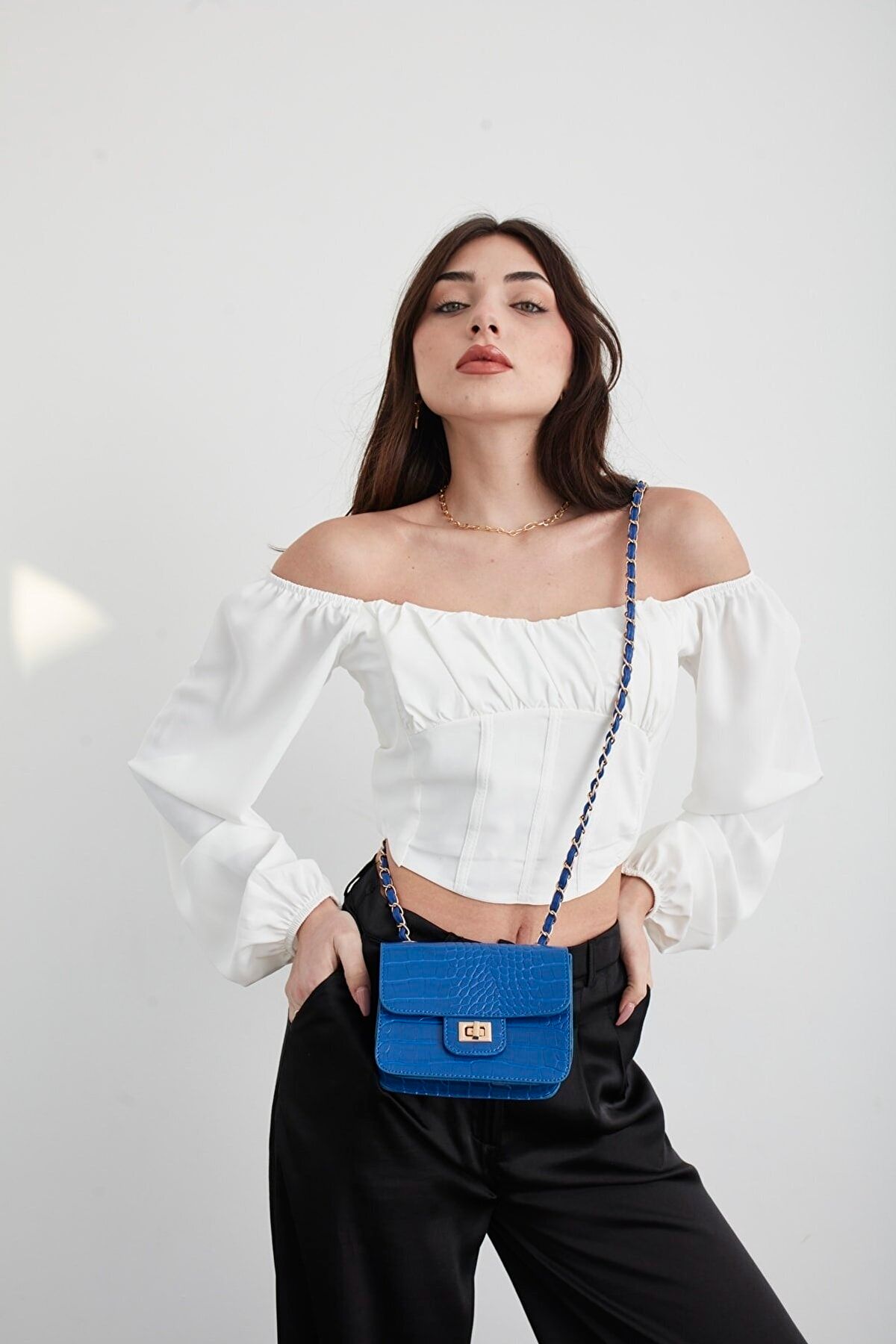 MEİZEN Saks Mavisi Kadın Kroko Desenli Mini Omuz Çantası BY8435