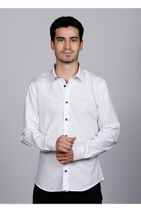 Erkek %100 Pamuk Slim Fit Beyaz Casual Gömlek 22162 SLV-22162