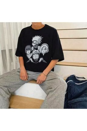 Siyah Renk Naruto Kakashi Sasuke Baskılı Geniş Kesim Unisex Kısa Kollu Anime T-shirt BSM04SskFRKT