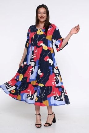 Kadın Büyük Beden Renkli Desenli Yaka Bağlama Detaylı Lacivert Elbise 6108